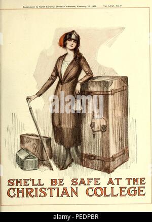 Color print depicting a young woman, standing in full-length and facing the viewer, leaning on a large trunk and surrounded by smaller luggage, while wearing late 1910s women's fashion, including a toque-style hat with a red feather, and a matching long brown skirt and coat, captioned 'She'll be Safe at the Christian College, ' published in the serial volume 'North Carolina Christian Advocate', 1894. Courtesy Internet Archive. ()