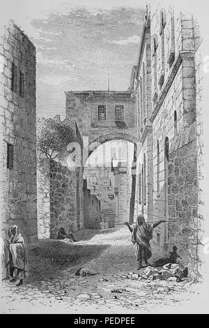 Black and white print depicting the Via Dolorosa or 'Way of Sorrow, ' a street in Jerusalem's Old City believed to be the path Jesus walked to reach the site of his crucifixion near the Church of the Holy Sepulchre, with medieval stone buildings, an arch in the background, and several people wearing robes and head-coverings, published in the Philip Schaff's 'Through Bible Lands: notes of travel in Egypt, the desert, and Palestine', 1878. Courtesy Internet Archive. () Stock Photo