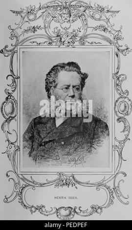 Black and white print depicting the father of theatrical realism, Norwegian playwright, poet, and theatre director, Henrik Johan Ibsen, shown from the chest up, with a long, bushy, muttonchop beard, wire-rimmed glasses, a double-breasted jacket, and a serious expression on his face, published in the volume 'Library of the World's Best Literature, Ancient and Modern', 1902. Courtesy Internet Archive. () Stock Photo