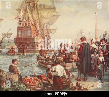 Color print depicting a scene of the Pilgrim Fathers leaving Plymouth Rock in a small rowboat, with a larger ship in the background, illustrated by Bernard F Gribble and published in HG Wells 'The outline of History: being a plain history of life and mankind', 1920. Courtesy Internet Archive. () Stock Photo