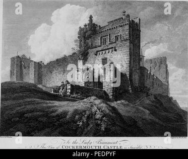 Black and white engraving, depicting a woman, child, and two men, standing in front of the decaying facade of 'Cockermouth Castle, ' an enclosure castle located in the town of Cockermouth in Cumbria, England, drawn by T Hearne and engraved by MA Booker, 1825. Courtesy Internet Archive. () Stock Photo