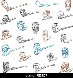 Vintage smoking pipe. Antique prehistoric tobacco for an elegant gentleman. Heads and faces of different people. Engraved hand drawn in old sketch and monochrome style Stock Vector