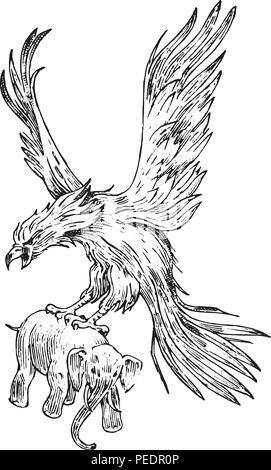 Mythical Phoenix fire bird or antique Roc. Ancient Mythology animal, creature in the old vintage style. eagle with an elephant. Engraved hand drawn old sketch. Stock Vector