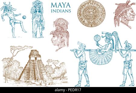 Maya Vintage pyramid, portrait of a man, traditional costume, calendar and decoration on the head. Native Aztec culture. Ancient Monochrome Mexico. Engraved hand drawn old sketch for label background Stock Vector