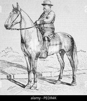 Black and white print illustrating Fitzhugh Lee, a General in the Confederate Cavalry and the Spanish-American War, and the 40th Governor of Virginia, depicted in profile, as a portly man, with a mustache and uniform, astride a horse while commanding the 7th Army Corp, published in 'The Chicago Record's War Stories: by Staff Correspondents in the Field, Copiously Illustrated', 1898. Courtesy Internet Archive. () Stock Photo
