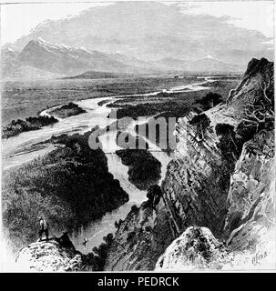 Black and white print depicting a view from Yellowstone's cliffs, looking over the Yellowstone River and Valley, with mountains in the background, located in Yellowstone National Park, spanning the US states of Wyoming, Montana, and Idaho, illustrated by Harry Fenn, and published in William Cullen Bryant's edited volume 'Picturesque America; or, The Land We Live In', 1872. Courtesy Internet Archive. () Stock Photo