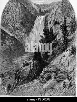 Black and white print depicting the 'Lower Falls' a waterfall dropping 308 feet, from high mountains, with pine trees visible in the foreground and background, located just to the east of Canyon Village, in Yellowstone National Park, published in William Cullen Bryant's edited volume 'Picturesque America; or, The Land We Live In', 1872. Courtesy Internet Archive. () Stock Photo
