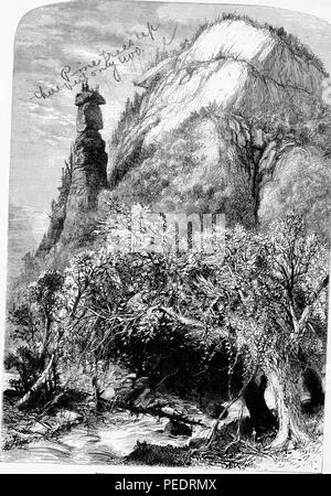 Black and white vintage print depicting a tree near a river in the foreground, with a towering boulder formation in the background, near Hickory Nut Gap, a gateway to the French Broad Basin located near Charlotte North Carolina, USA, illustrated by Harry Fenn, and published in William Cullen Bryant's edited volume 'Picturesque America; or, The Land We Live In', 1872. Courtesy Internet Archive. () Stock Photo