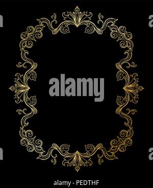 Golden Floral border or Frame for picture. Gold Italian vintage ornament for photo. Isolated Retro divider with swirl for greeting card or wedding. Ro Stock Vector
