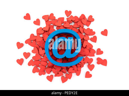 Blue email symbol over many red hearts on white background Stock Photo