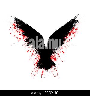 Black grunge raven bird silhouette with red ink blots Stock Vector