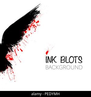 Black grunge raven silhouette with red ink blots and text Stock Vector