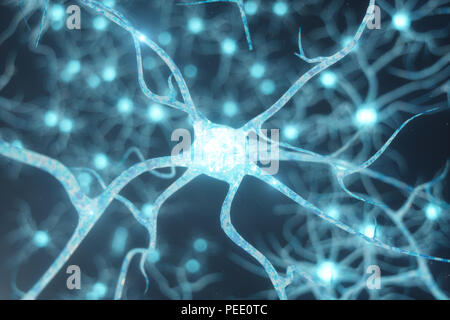 Conceptual illustration of neuron cells with glowing link knots. Synapse and Neuron cells sending electrical chemical signals. Neuron of Interconnecte Stock Photo