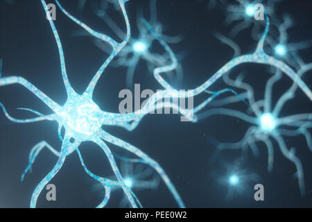 Conceptual illustration of neuron cells with glowing link knots. Synapse and Neuron cells sending electrical chemical signals. Neuron of Interconnecte Stock Photo