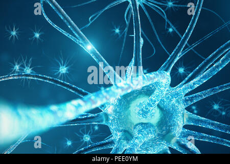 Conceptual illustration of neuron cells with glowing link knots. Neurons in brain on with focus effect. Synapse and Neuron cells sending electrical ch Stock Photo