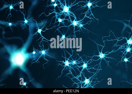Conceptual illustration of neuron cells with glowing link knots. Neurons in brain on with focus effect. Synapse and Neuron cells sending electrical ch Stock Photo