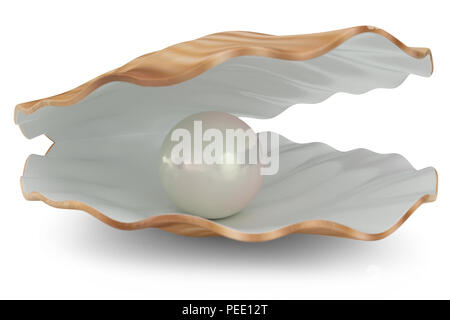 Shell with pearl inside. Natural open pearl shell, 3D illustration Stock Photo