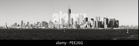 Panoramic Black & White view of Lower Manhattan skyscrapers from New York Harbor. New York City Stock Photo