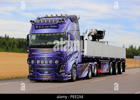 JALASJARVI, FINLAND - AUGUST 10, 2017: Beautifully customized Volvo FH16 750 of H.J.A. Van Dalen on road returning from Power Truck Show 2018. Stock Photo