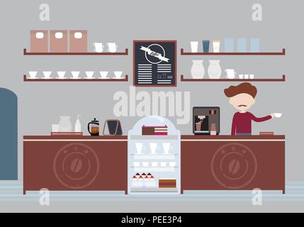 Man  with a mustache, owner or bartender standing in cafeteria behind bar and preparing coffee with glasses, cakes and muffins - vector Stock Vector