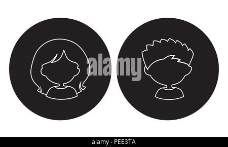 Simple avatars head girl and boy with white line on black round background - vector Stock Vector