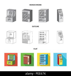 A game machine, a ticket sales terminal, an automaton for selling aqua and chocolate. Terminals set collection icons in flat,outline,monochrome style  Stock Vector