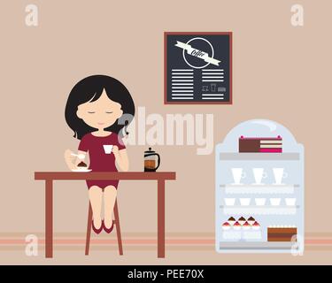 Young woman sitting in a chair behind a table in a cafe or pastry shop, drinking a white coffee cup - flat design vector Stock Vector