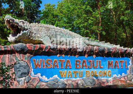 East Java, Indonesia - July 10, 2018: Bajul Mati (Dead crocodile) sea beach and recreational park sign board Popular place to visit for family holiday Stock Photo