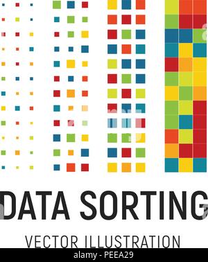Data sorting vector illustration. Big data base vector emblem. Information sorting abstract logo. Digital technology simple label. Colored squares logo template. Advanced analytics visual design. Stock Vector