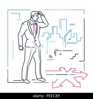 Businessman hesitating - line design style isolated illustration on white background. Metaphorical image of man doubting where to go, at the crossroad Stock Vector
