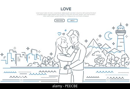 Love - line design style banner on white background with place for your text. High quality composition with a happy young man and woman hugging, mount Stock Vector