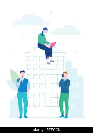 Business cooperation - flat design style illustration on white background. High quality composition with colleagues working together on a project with Stock Vector