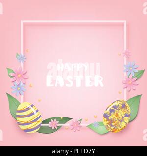 Happy Easter banner with frame, colorful holiday eggs and flowers. Templates for graphic design - poster, flyer, brochure, card. Vector illustration. Stock Vector