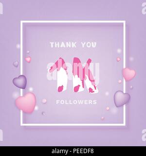 1K Followers thank you phrase with frame and hearts. Template for social media post. Handwritten letters. 1000 subscribers banner. Vector illustration Stock Vector