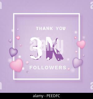 3K Followers thank you phrase with frame and hearts. Template for social media post. Handwritten letters. 3000 subscribers banner. Vector illustration Stock Vector