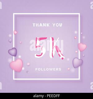 5K Followers thank you phrase with frame and hearts. Template for social media post. Handwritten letters. 5000 subscribers banner. Vector illustration Stock Vector