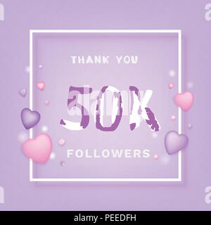 50K Followers thank you phrase with frame and hearts. Template for social media post. Handwritten letters. 50000 subscribers banner. Vector illustrati Stock Vector