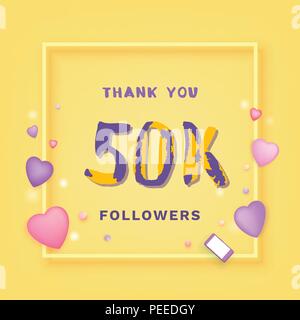 50K Followers thank you yellow square banner with frame and hearts. Template for social media post. Handwritten letters. 50000 subscribers. Vector ill Stock Vector