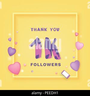 1K Followers thank you yellow square banner with frame and hearts. Template for social media post. Handwritten letters. 1000 subscribers. Vector illus Stock Vector