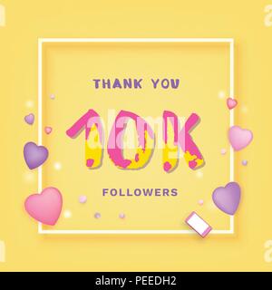 10K Followers thank you yellow square banner with frame and hearts. Template for social media post. Handwritten letters. 10000 subscribers. Vector ill Stock Vector