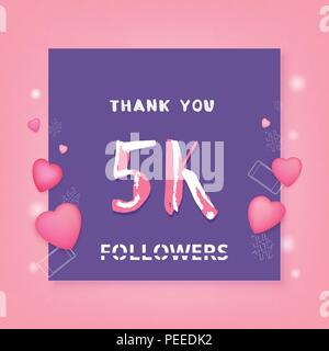 5K Followers thank you square banner.  Template for social media post. Handwritten lettering. 5000 subscribers. Vector illustration. Stock Vector