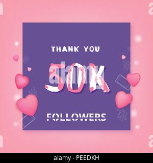 50K Followers thank you phrase with frame and hearts. Template for social media post. Handwritten letters. 50000 subscribers banner. Vector illustrati Stock Vector