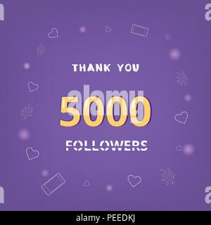 5000 Followers thank you square banner with items round frame. Ultra violet palette colors. Element for graphic design. Template for social media post Stock Vector
