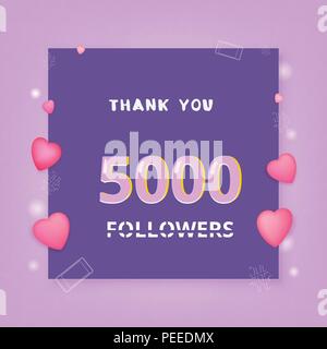 5000 Followers thank you banner with frame and hearts. Template for social media post. Element for graphic design - poster, flyer, brochure, card. 5K  Stock Vector