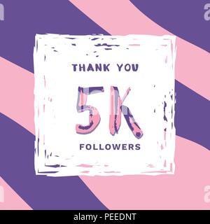5K Followers thank you square banner with frame and wavy background. Template for social media post. Handwritten letters. 5000 subscribers. Vector ill Stock Vector