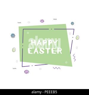 Happy Easter banner. Handwritten lettering on horizontal background with frame and geometric shapes. Element for graphic design - poster, flyer, card, Stock Vector