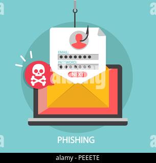 Phishing login and password on fishing hook in email envelope. Concept of Internet and network security. Hacking online scam on laptop. Flat style vector illustration. Stock Vector