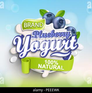 Fresh and Natural Blueberry Yogurt label splash on bokeh background for your brand, logo, template, label, emblem for groceries, agriculture stores, packaging and advertising. Vector illustration. Stock Vector