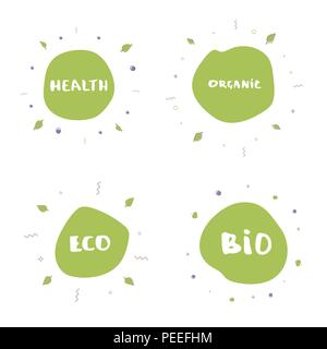 Set of Organic, Health, Bio, Eco doodle round banners with random decorative shapes and frames. Handwritten Organic lettering isolated on white backgr Stock Vector