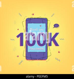 Thank you 100K followers vivid card with phone.  Memphis style. Template for Social Network. Vector illustration. Stock Vector